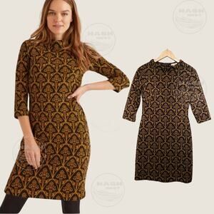Boden Victoria Jacquard Dress US 4P | Black Gold Metallic, Shift, 3/4 Sleeve